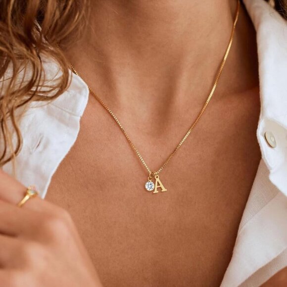 Initial Birthstone Necklaces for Women Trendy 14K Gold Plated Letter A-Z initial - Picture 2 of 6